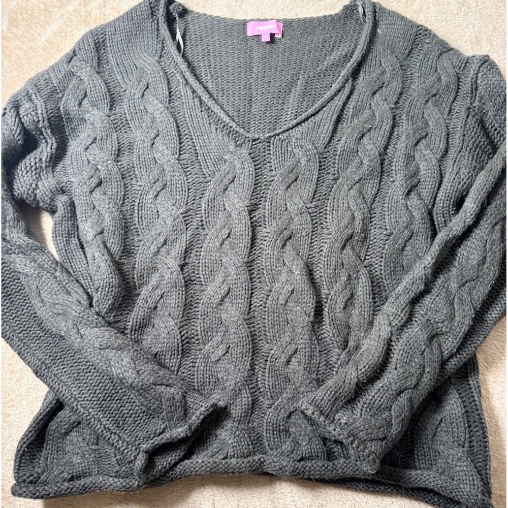 Edikted Charcoal Gray Cable Knit V-Neck Sweater Women Small Chunky Pullover